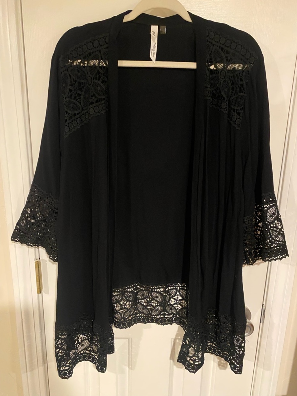 NY Collection Black Open-Front Cardigan with Trim